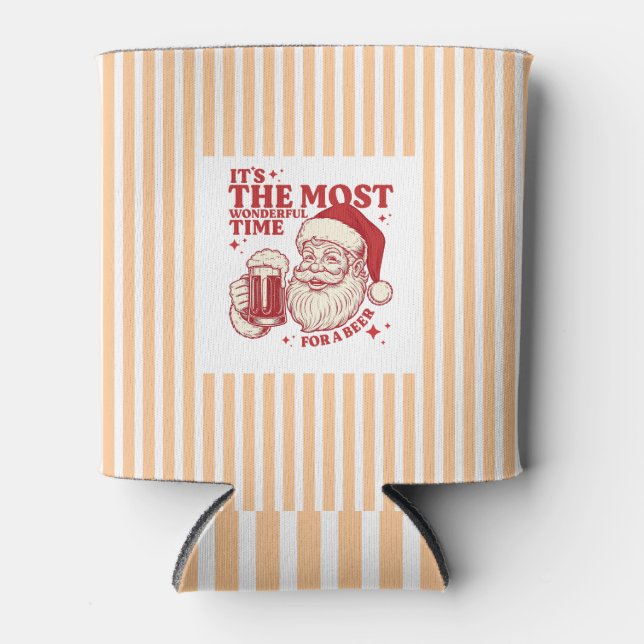 Striped retro Santa Most Wonderful Time for a Beer Can Cooler (Front)