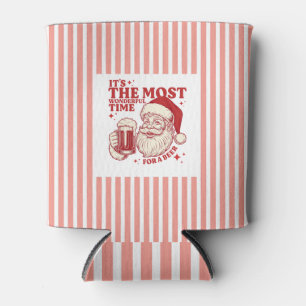 Striped retro Santa Most Wonderful Time for a Beer Can Cooler