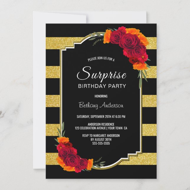 Striped Rose Floral Surprise Birthday Party Invitation (Front)