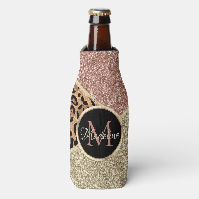 Striped Rose Gold Glitter Leopard Monogram Bottle Cooler (Bottle Front)