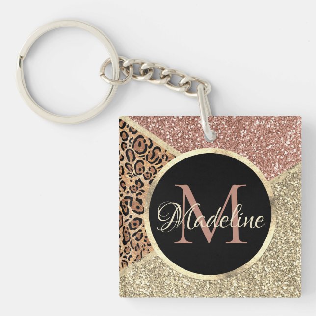 Striped Rose Gold Glitter Leopard Monogram Key Ring (Front)