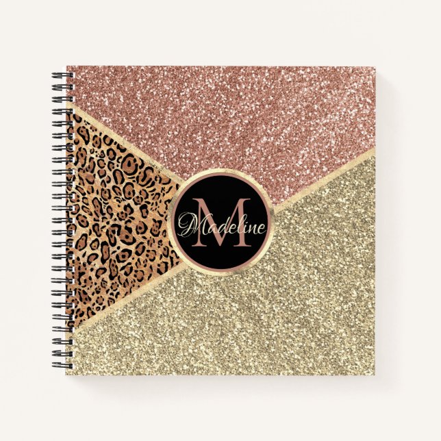 Striped Rose Gold Glitter Leopard Monogram Notebook (Front)