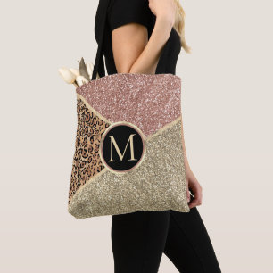 Striped Rose Gold Glitter Leopard Monogram Tote Bag