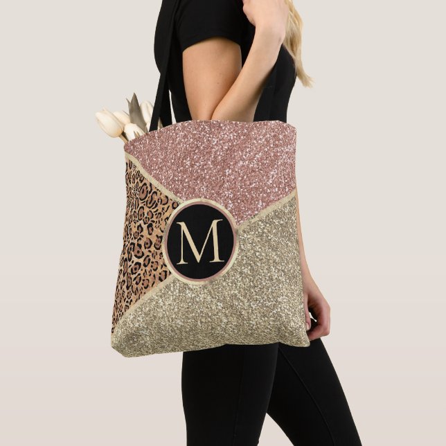 Striped Rose Gold Glitter Leopard Monogram Tote Bag (Close Up)