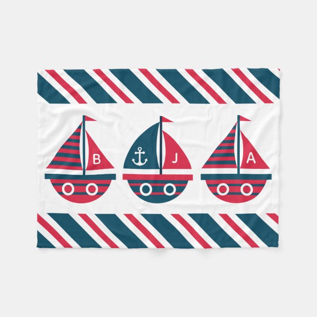 Striped Sailboats Monogram Fleece Blanket (Front (Horizontal))