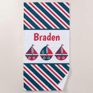 Striped Sailboats Personalised Beach Towel