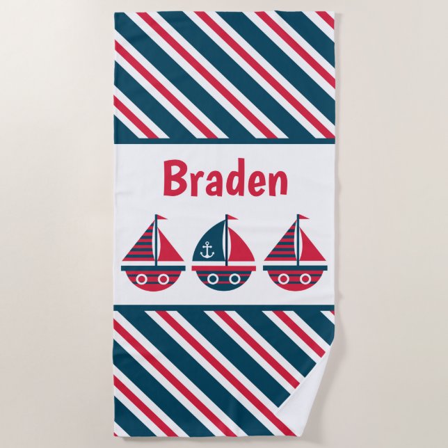 Striped Sailboats Personalised Beach Towel (Front)