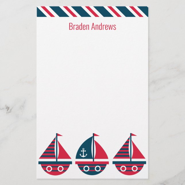 Striped Sailboats Personalised Stationery (Front)