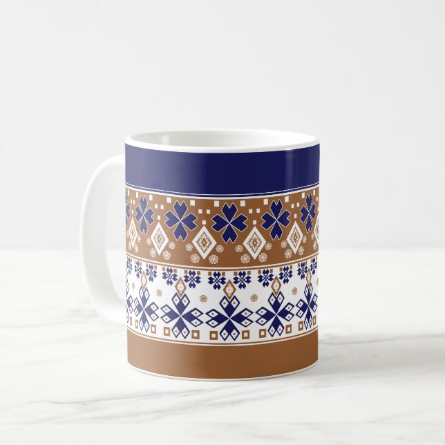 Striped scandinavian pattern brown blue coffee mug (Front Left)