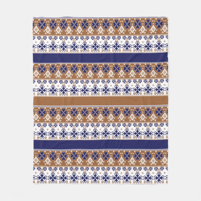 Striped scandinavian pattern brown blue fleece blanket (Front)