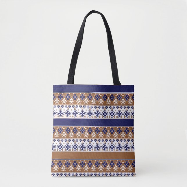 Striped scandinavian pattern brown blue tote bag (Front)
