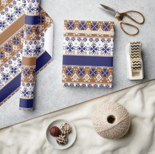 Striped scandinavian pattern brown blue wrapping paper