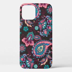Striped seamless pattern with paisley on black bac iPhone 12 case