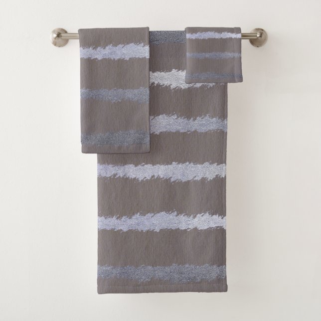 Striped silver look grey taupe metallic look bath towel set (Insitu)