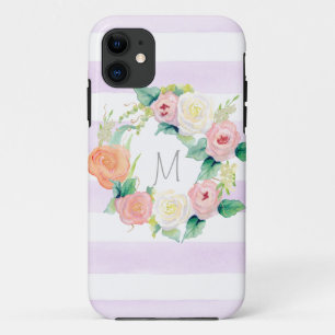 Striped Simple Modern Watercolor Floral Roses iPhone 11 Case
