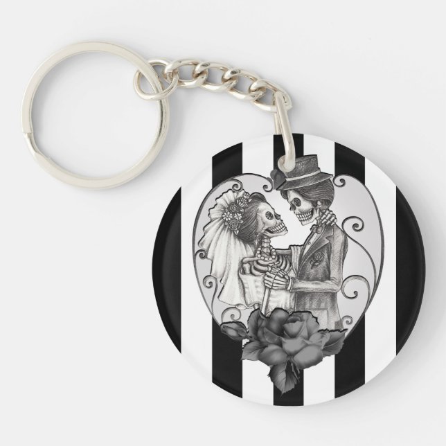 Striped Skeleton Love Couple Marriage Dance Key Ring (Front)