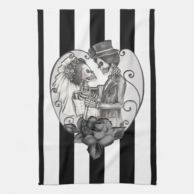 Striped Skeleton Love Couple Marriage Dance Tea Towel (Vertical)