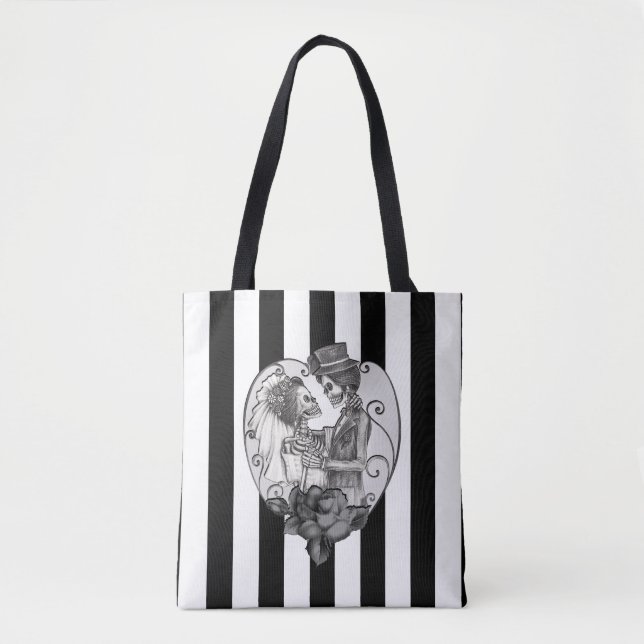 Striped Skeleton Love Couple Marriage Dance Tote Bag (Front)