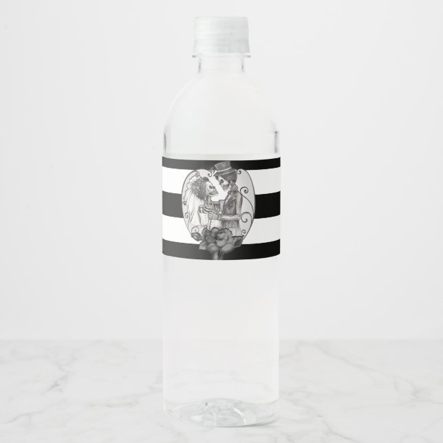 Striped Skeleton Love Couple Marriage Dance Water Bottle Label (Front)