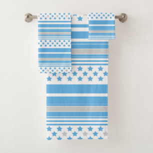 Striped sky blue pattern with stars bath towel set