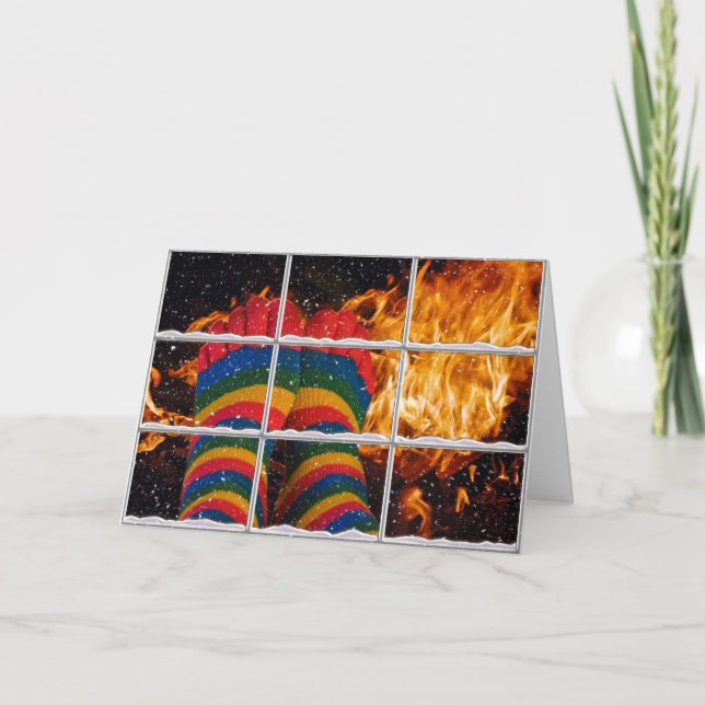 striped socks on feet by fireplace holiday card (Front)