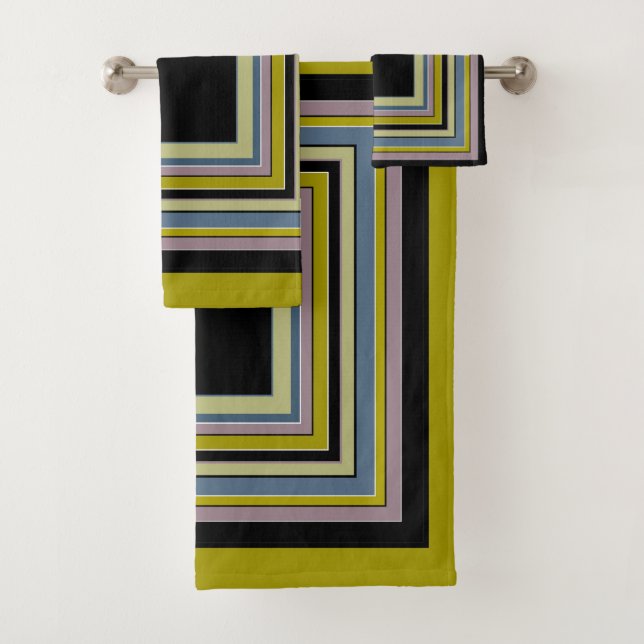 Striped Square Classic Grey Olive Pattern Bath Towel Set (Insitu)