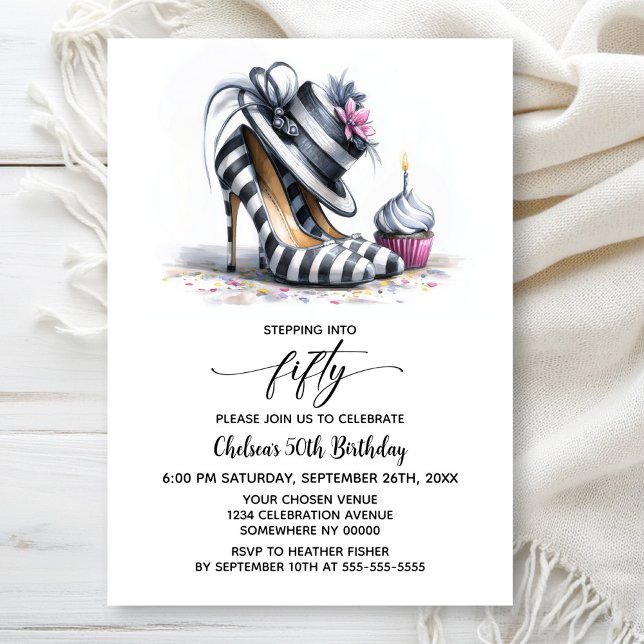 Striped Stiletto Shoes 50th Birthday Invitation (Creator Uploaded)