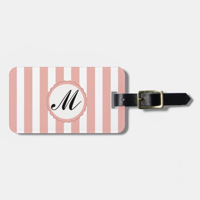 Striped Stripe Pink White  Monogram Luggage Tag (Front Horizontal)