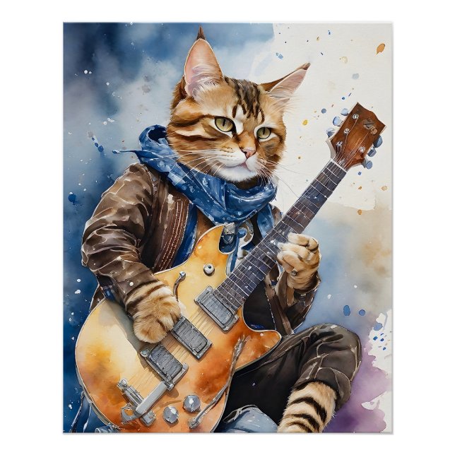 Striped Tabby Cat Rock Star Playing Guitar Brown Poster (Front)