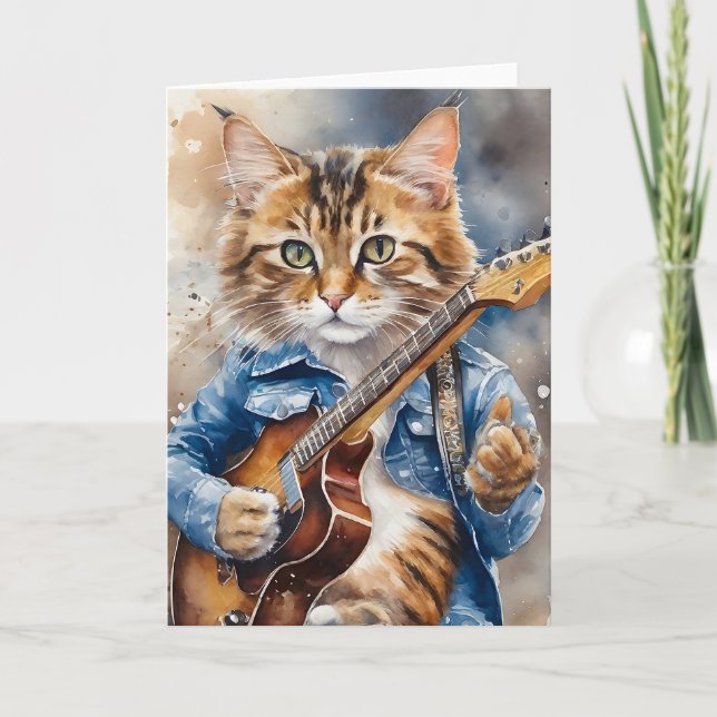Striped Tabby Cat Rock Star Playing the Guitar Card (Front)