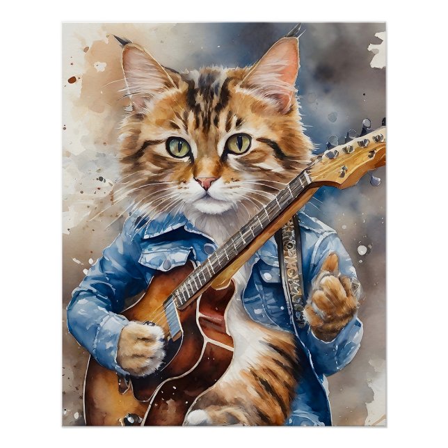 Striped Tabby Cat Rock Star Playing the Guitar Poster (Front)