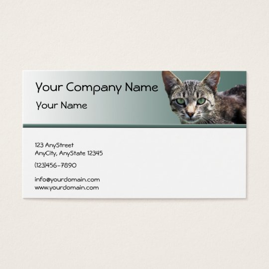 Striped Tabby with Green Eyes on Green Gradient Business Card