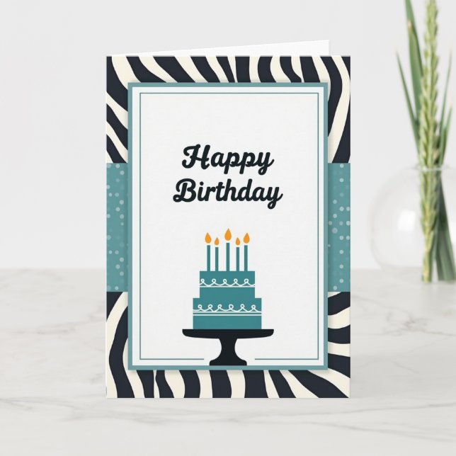 Striped Teal Cake Party Card (Front)
