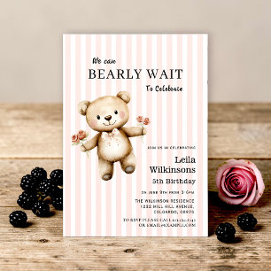 Striped Teddy Bear Floral "Bearly Wait" Birthday Invitation