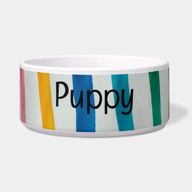 Striped Textile Pet Bowl with PUPPY Text (Front)