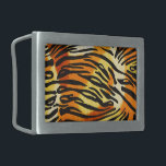 Striped Tiger Fur Print Pattern Rectangular Belt Buckle<br><div class="desc">This trendy animal print belt buckle features a striped tiger print pattern with black animal stripes on a very bright orange, yellow and cream fur background. Bring out the wild cat in you with this cool feline design. It's the perfect bold, original look for animal lovers. Check our shop for...</div>