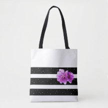 Striped Tote Bag with Purple Flower Accent