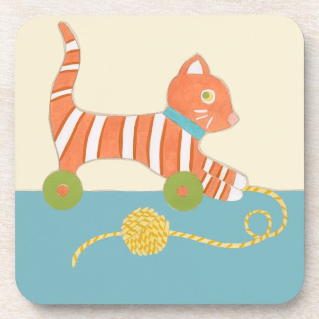 Striped Toy Cat with Ball of String Coaster (Front)