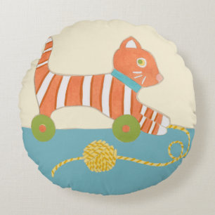 Striped Toy Cat with Ball of String Round Cushion