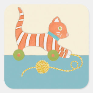 Striped Toy Cat with Ball of String Square Sticker