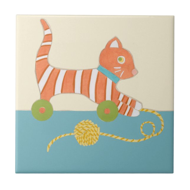Striped Toy Cat with Ball of String Tile (Front)