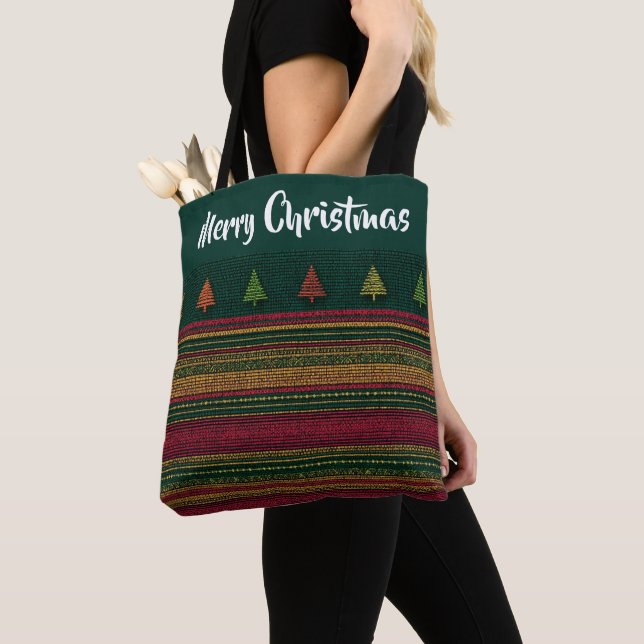 Striped Tree Border Plaid Pattern Tote Bag (Close Up)