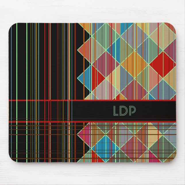 Striped Triangle Shapes with Initials on Black Mouse Mat (Front)
