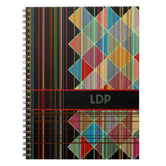 Striped Triangle Shapes with Initials on Black Notebook