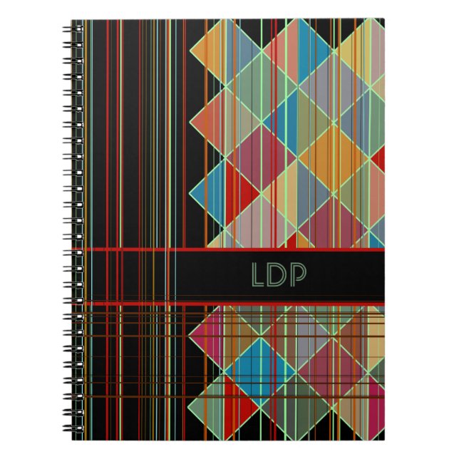Striped Triangle Shapes with Initials on Black Notebook (Front)