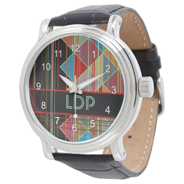 Striped Triangle Shapes with Initials on Black Watch (Angled)