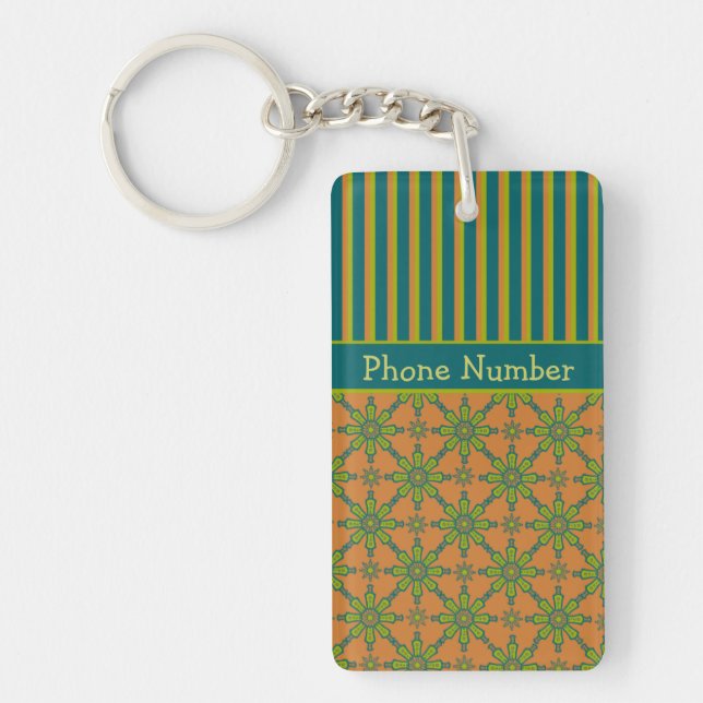 Striped Tribal Rust, Green, Teal Acrylic Keychain (Front)
