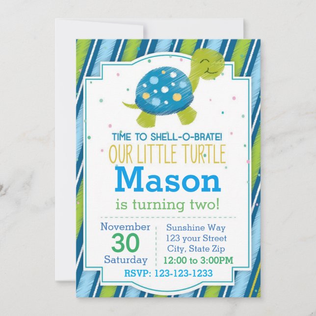 Striped Turtle Birthday Invitation (blue) (Front)