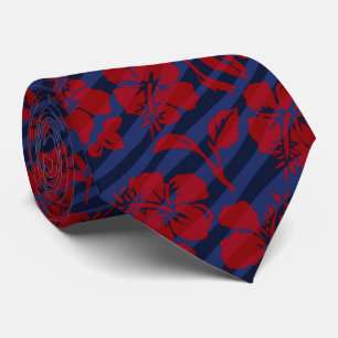 Striped Vintage Hibiscus Hawaiian Necktie