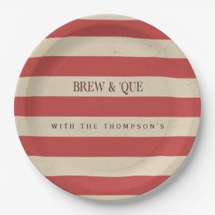 Striped Vintage Red/Tan   Brew & 'Que Personalised Paper Plate